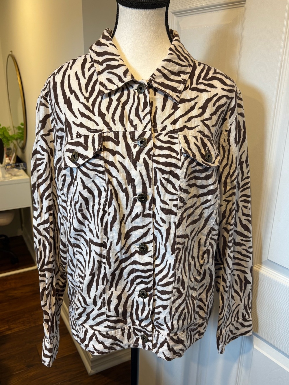 Saint Tropez West 100% Linen Zebra Print Shacket Jacket 2X Plus Safari Coastal